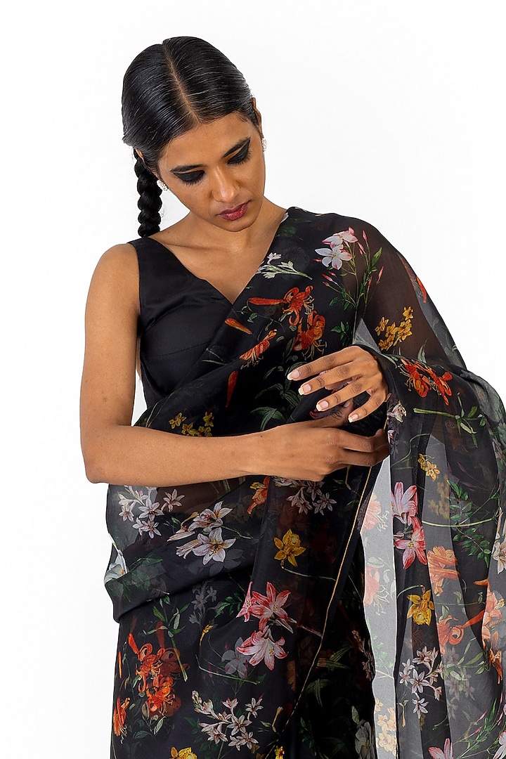 Black Sheer Organza Silk Floral Printed Handwoven Party Wear Saree by Raw Mango at Pernia's Pop Up Shop