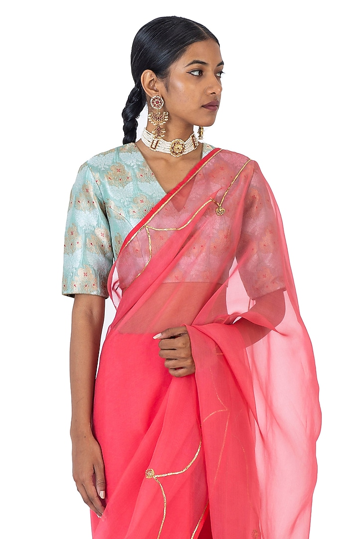 Pink Sheer Organza Silk Gota Handwoven Party Wear Saree by Raw Mango at Pernia's Pop Up Shop