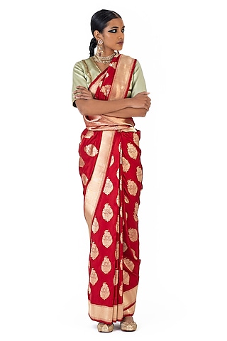 Red Varanasi Silk Brocade Floral Boota Saree by Raw Mango