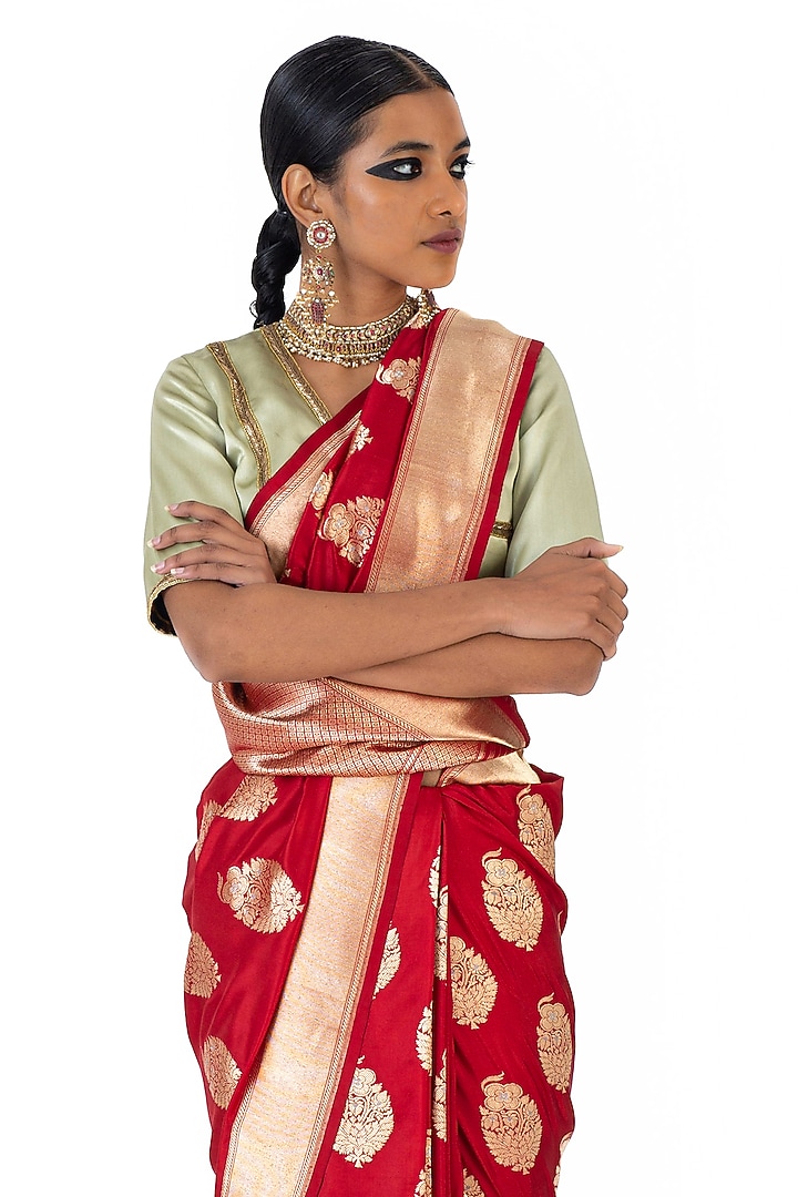 Red Varanasi Silk Brocade Floral Boota Reception Saree by Raw Mango at Pernia's Pop Up Shop
