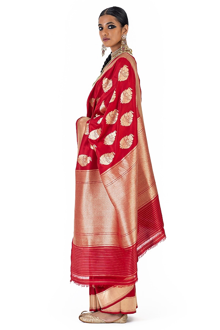 Red Varanasi Silk Brocade Floral Boota Reception Saree by Raw Mango at Pernia's Pop Up Shop