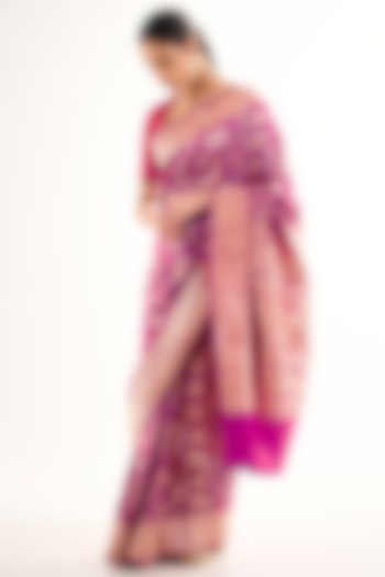 Rani Pink Varanasi Silk Brocade Peacock Motif Reception Saree by Raw Mango at Pernia's Pop Up Shop