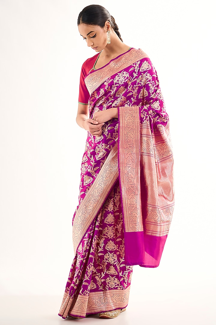 Rani Pink Varanasi Silk Brocade Peacock Motif Reception Saree by Raw Mango at Pernia's Pop Up Shop