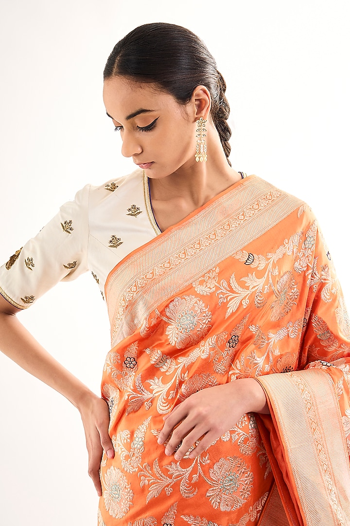 Orange Varanasi Silk Brocade Reception Saree by Raw Mango at Pernia's Pop Up Shop