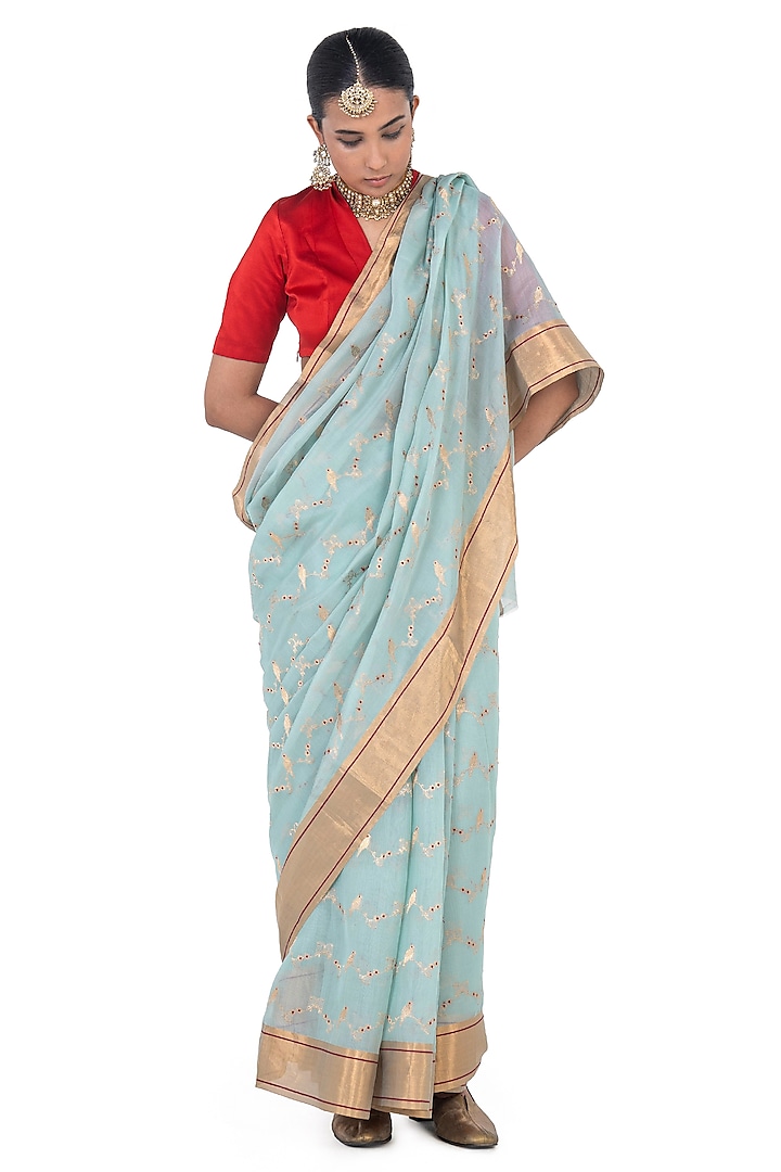 Pale Blue Chanderi Silk Handwoven Saree by Raw Mango at Pernia's Pop Up Shop