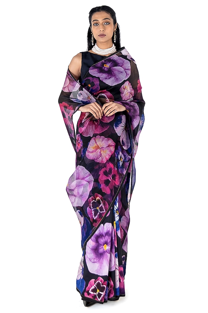 Black & Purple Organza Silk Printed Saree by Raw Mango at Pernia's Pop Up Shop