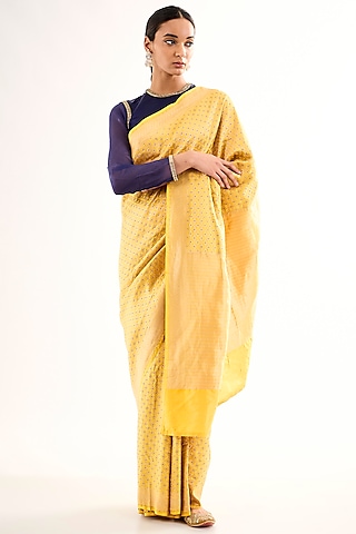 Yellow Varanasi Silk Brocade Floral Motif Saree by Raw Mango