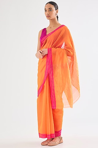 Orange Chanderi Cotton Silk Zari Saree by Raw Mango