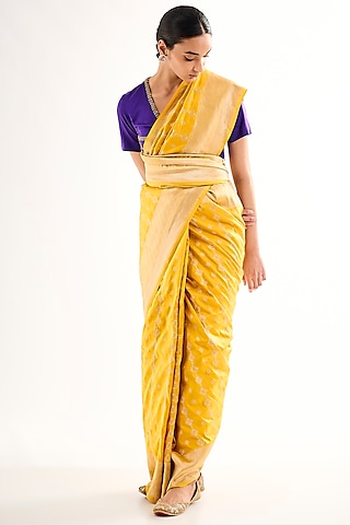 Yellow Varanasi Silk Brocade Floral Boota Saree by Raw Mango