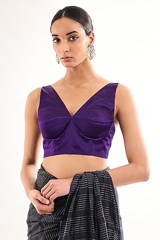 Purple Satin Silk V-Neck Sleeveless Blouse by Raw Mango