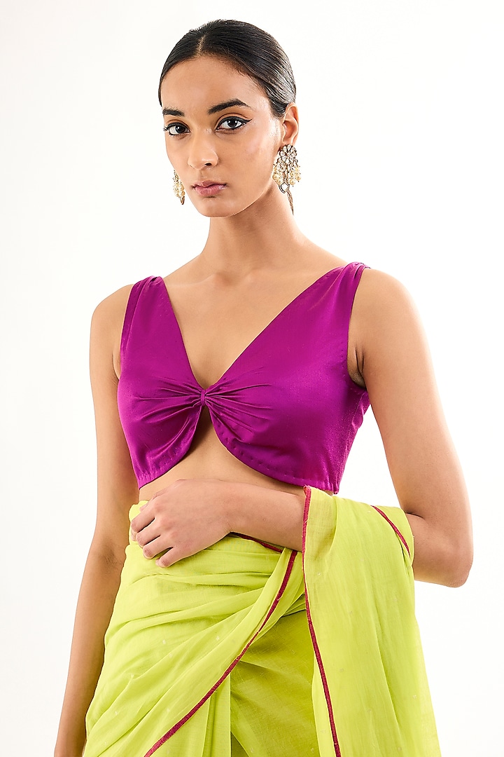 Rani Pink Satin Silk V-Neck Sleeveless Blouse by Raw Mango at Pernia's Pop Up Shop