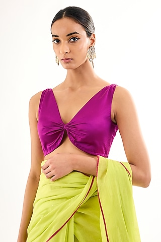Rani Pink Satin Silk V-Neck Sleeveless Blouse by Raw Mango