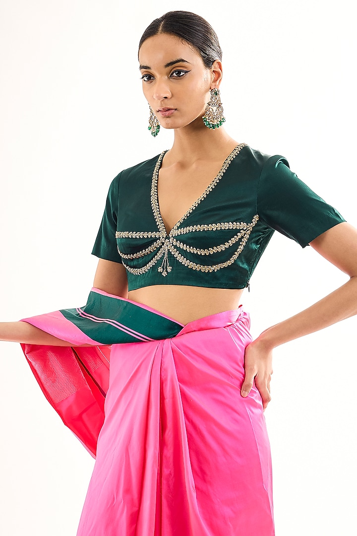 Green Satin Silk Zardosi Embroidered Blouse by Raw Mango at Pernia's Pop Up Shop