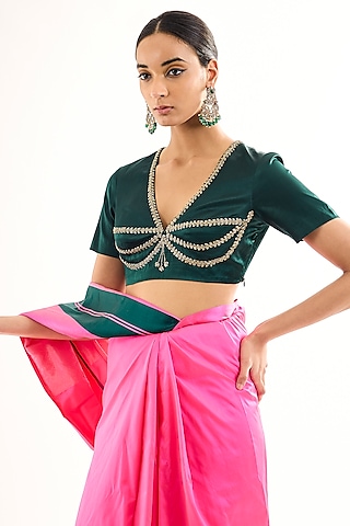 Green Satin Silk Zardosi Embroidered Blouse by Raw Mango