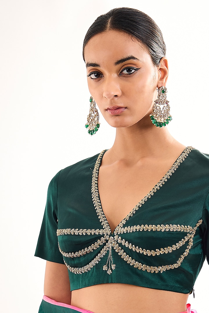 Green Satin Silk Zardosi Embroidered Blouse by Raw Mango at Pernia's Pop Up Shop