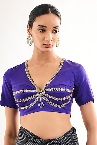 Purple Satin Silk Zardosi Embroidered Blouse by Raw Mango