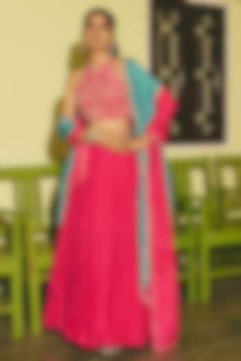 Rani Pink & Teal Silk Floral Embroidered Dupatta by RASHIKA MITTAL at Pernia's Pop Up Shop