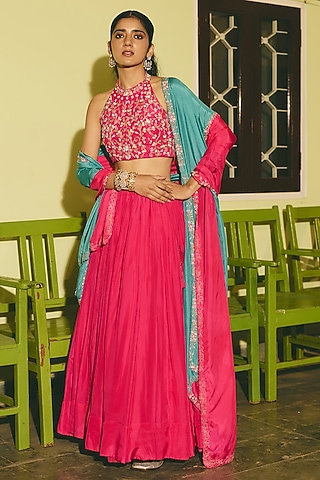 Rani Pink & Teal Silk Floral Embroidered Dupatta by RASHIKA MITTAL