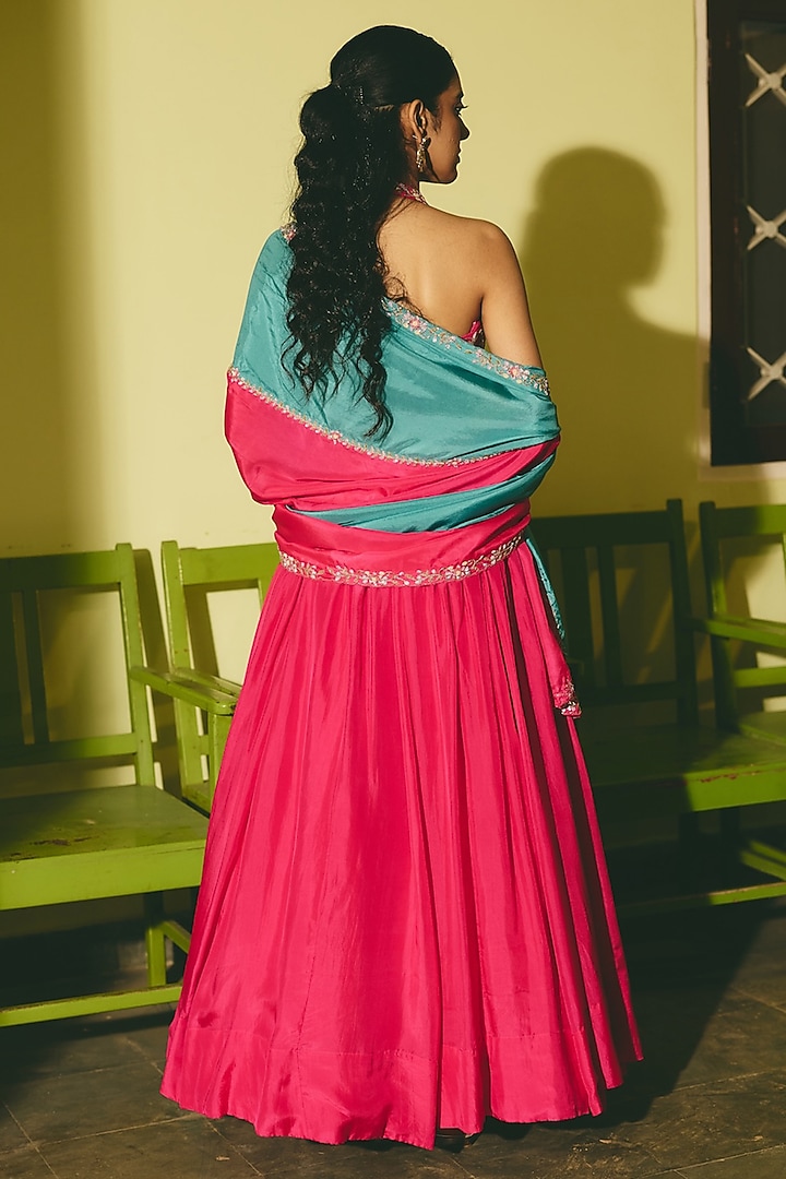 Rani Pink & Teal Silk Floral Embroidered Dupatta by RASHIKA MITTAL at Pernia's Pop Up Shop