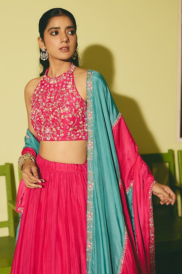 Rani Pink & Teal Silk Floral Embroidered Dupatta by RASHIKA MITTAL at Pernia's Pop Up Shop