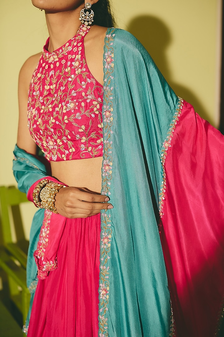 Rani Pink & Teal Silk Floral Embroidered Dupatta by RASHIKA MITTAL at Pernia's Pop Up Shop