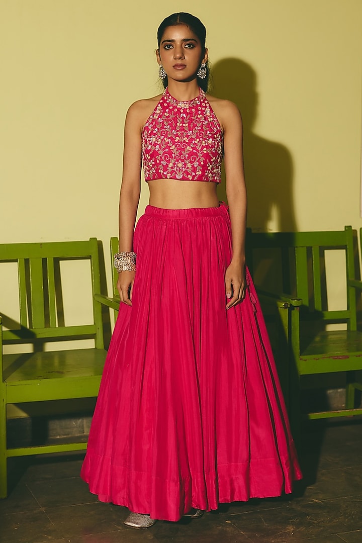 Pink Silk Hand Embroidered Lehenga Set by RASHIKA MITTAL at Pernia's Pop Up Shop