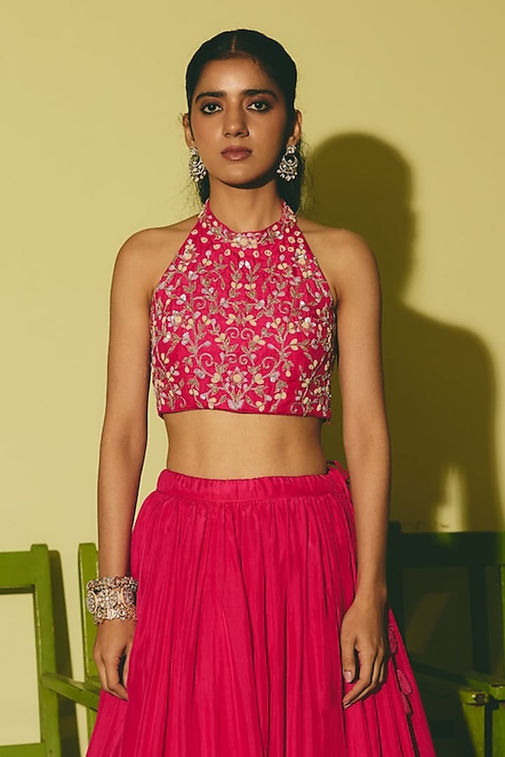 Pink Silk Hand Embroidered Lehenga Set by RASHIKA MITTAL at Pernia's Pop Up Shop
