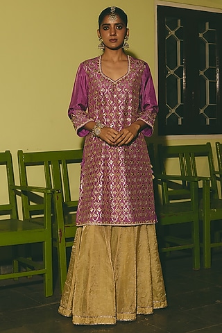 Gold Tissue Gota Applique Work Sharara Set by RASHIKA MITTAL