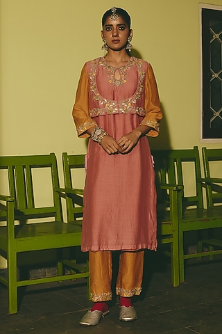 Earthy Terracotta Chanderi Applique Work Kurta Set by RASHIKA MITTAL