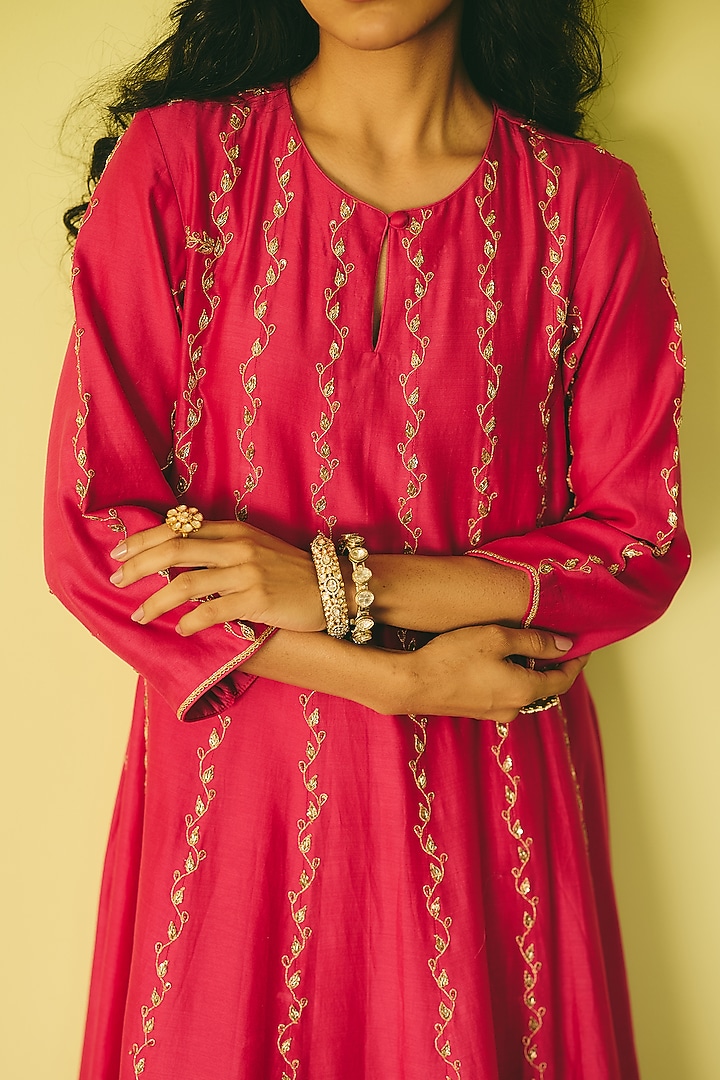 Pink Chanderi Hand Embroidered Bridal Anarkali Set by RASHIKA MITTAL at Pernia's Pop Up Shop