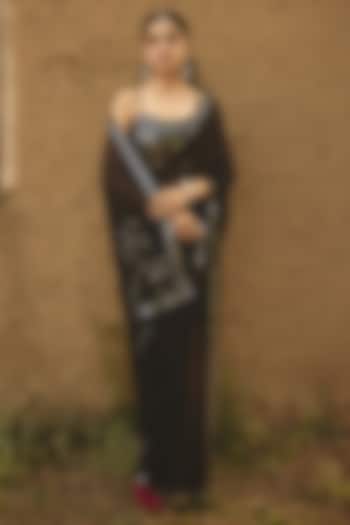 Black Chiffon Floral Boota Hand Embroidered Wedding Saree by RASHIKA MITTAL at Pernia's Pop Up Shop