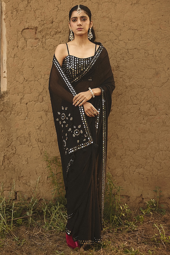 Black Chiffon Floral Boota Hand Embroidered Wedding Saree by RASHIKA MITTAL at Pernia's Pop Up Shop