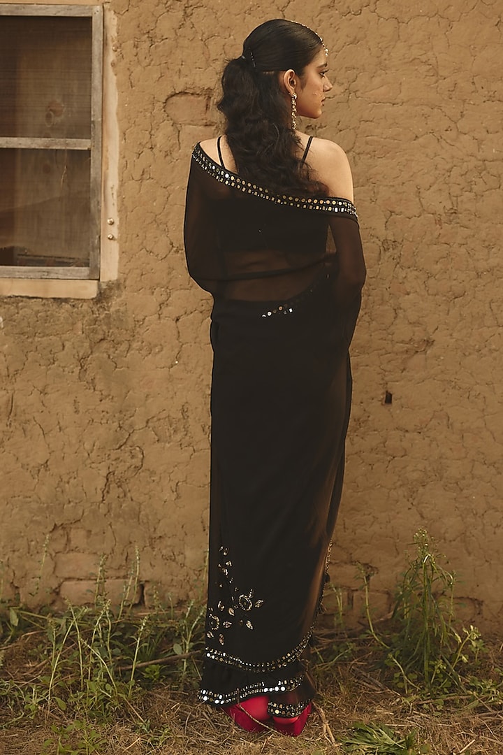 Black Chiffon Floral Boota Hand Embroidered Wedding Saree by RASHIKA MITTAL at Pernia's Pop Up Shop