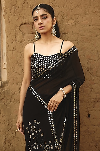Black Raw Silk Hand Embroidered Blouse by RASHIKA MITTAL