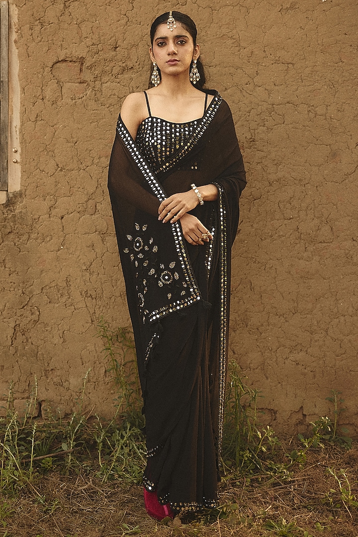 Black Raw Silk Hand Embroidered Blouse by RASHIKA MITTAL at Pernia's Pop Up Shop