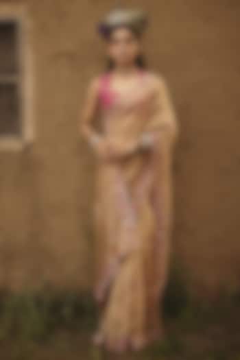 Antique Gold Tissue Floral Boota Embroidered Wedding Saree by RASHIKA MITTAL at Pernia's Pop Up Shop