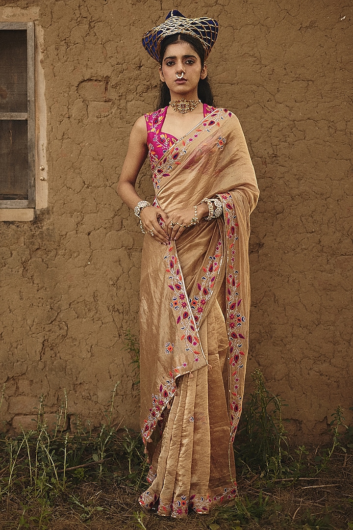 Antique Gold Tissue Floral Boota Embroidered Wedding Saree by RASHIKA MITTAL at Pernia's Pop Up Shop