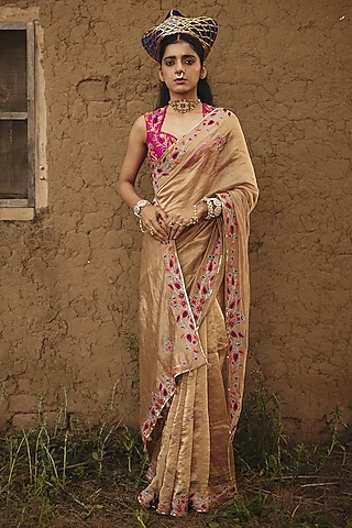 Antique Gold Tissue Floral Boota Embroidered Saree by RASHIKA MITTAL