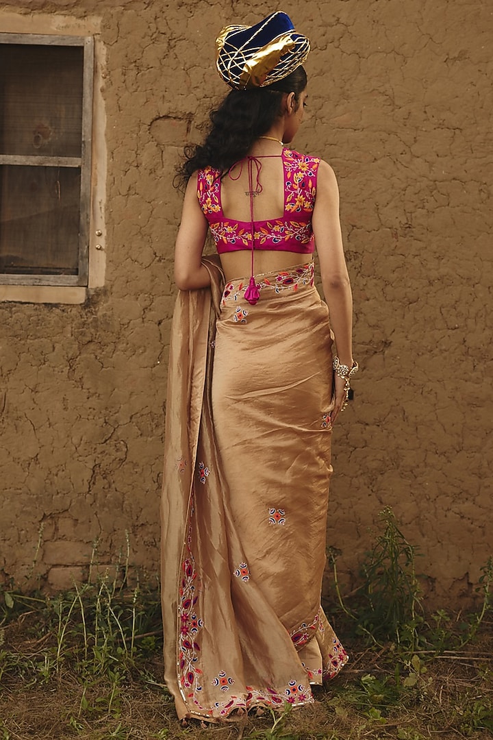 Antique Gold Tissue Floral Boota Embroidered Wedding Saree by RASHIKA MITTAL at Pernia's Pop Up Shop