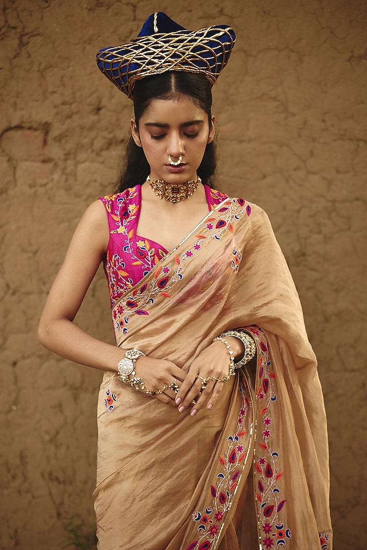 Antique Gold Tissue Floral Boota Embroidered Wedding Saree by RASHIKA MITTAL at Pernia's Pop Up Shop