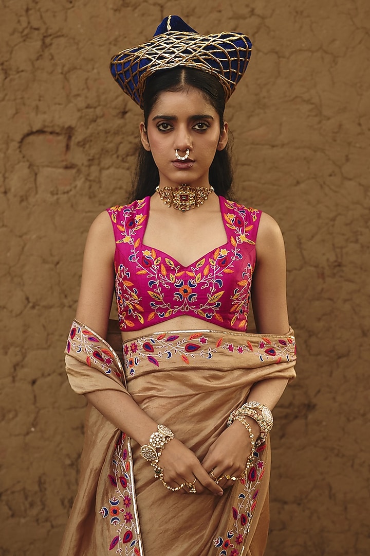 Rani Pink Silk Resham Embroidered Blouse by RASHIKA MITTAL at Pernia's Pop Up Shop