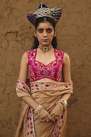 Rani Pink Silk Resham Embroidered Blouse by RASHIKA MITTAL