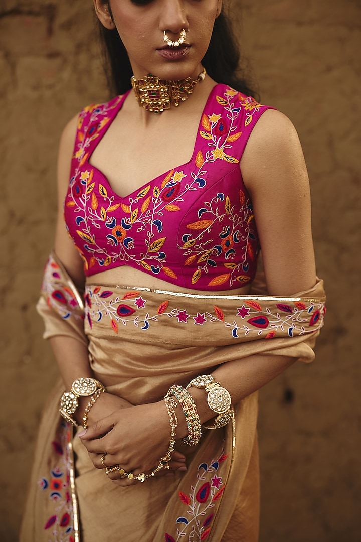 Rani Pink Silk Resham Embroidered Blouse by RASHIKA MITTAL at Pernia's Pop Up Shop