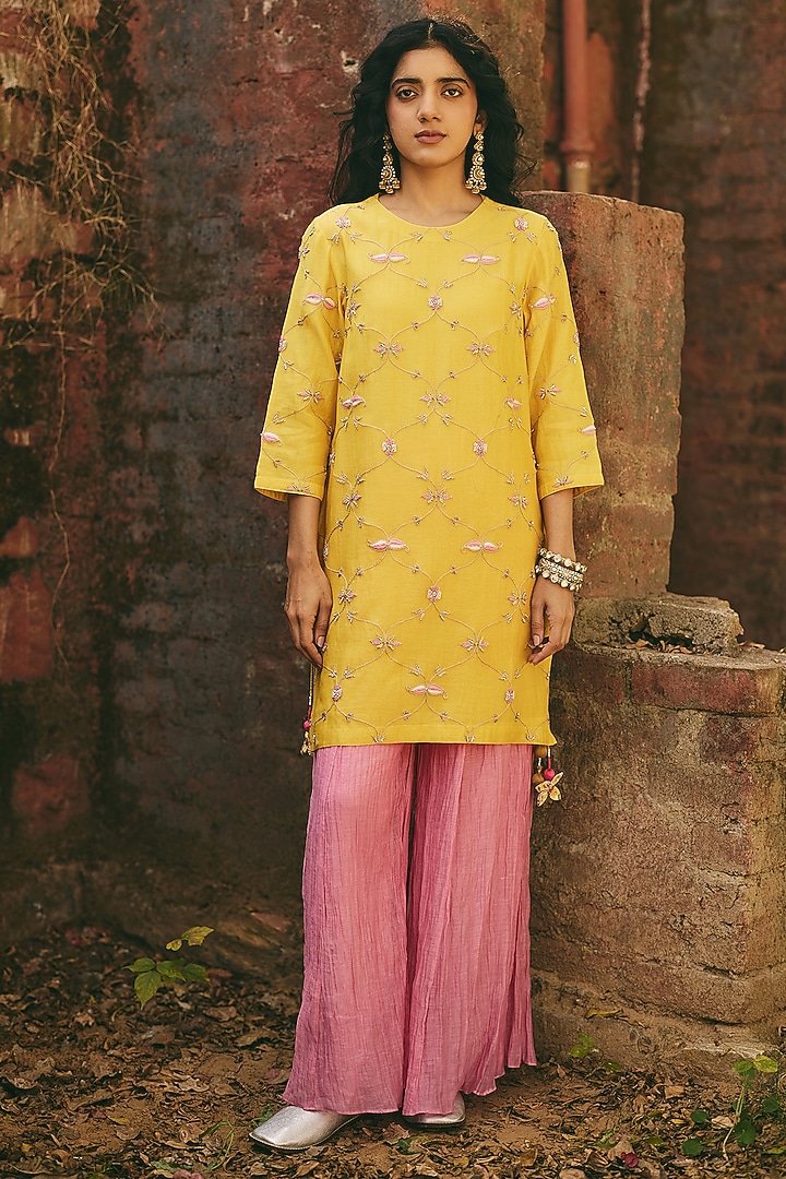 Soft Pink Chanderi Hand Embroidered Wedding Sharara Set by RASHIKA MITTAL at Pernia's Pop Up Shop
