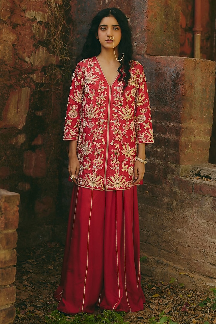 Red Silk Mardi Work Wedding Sharara Set by RASHIKA MITTAL at Pernia's Pop Up Shop