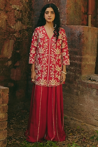 Red Silk Mardi Work Sharara Set by RASHIKA MITTAL