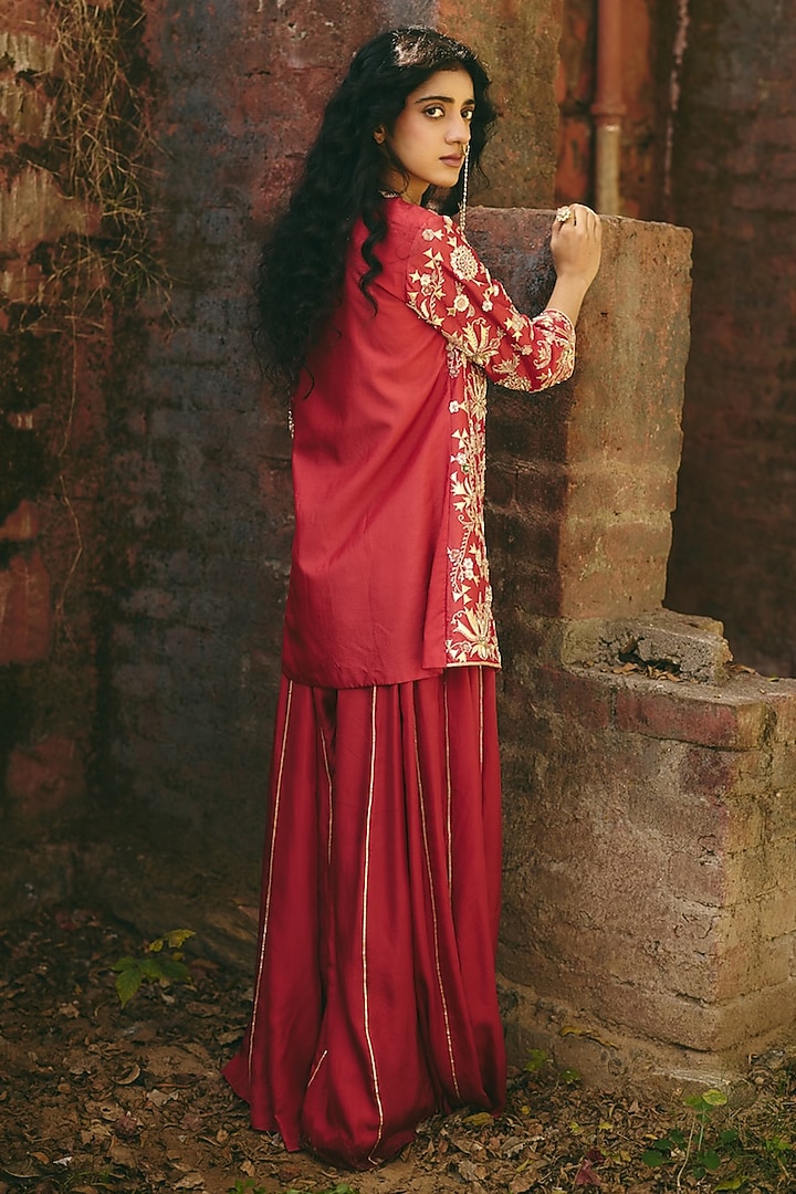 Red Silk Mardi Work Wedding Sharara Set by RASHIKA MITTAL at Pernia's Pop Up Shop