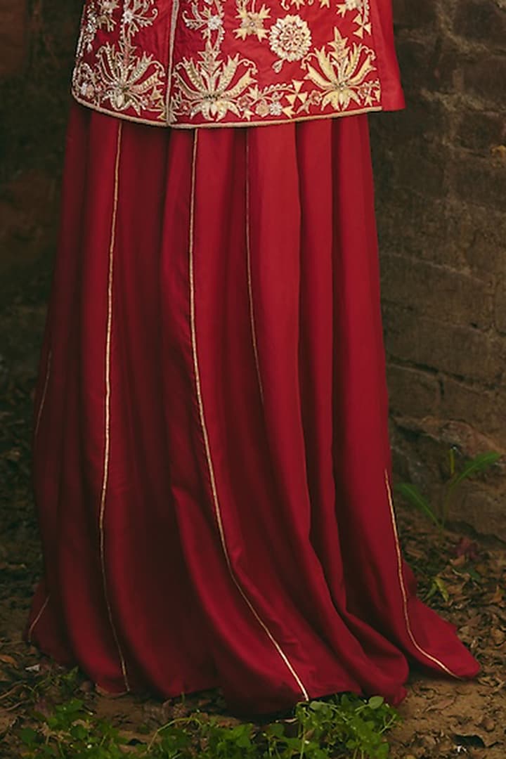 Red Silk Mardi Work Wedding Sharara Set by RASHIKA MITTAL at Pernia's Pop Up Shop