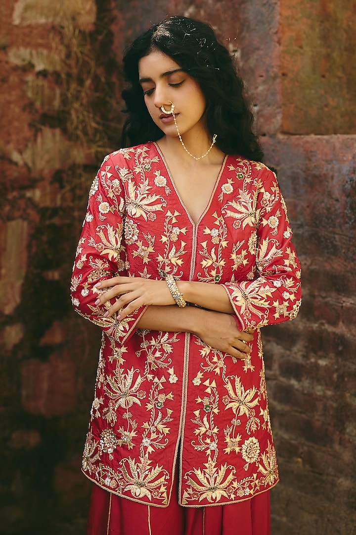 Red Silk Mardi Work Wedding Sharara Set by RASHIKA MITTAL at Pernia's Pop Up Shop