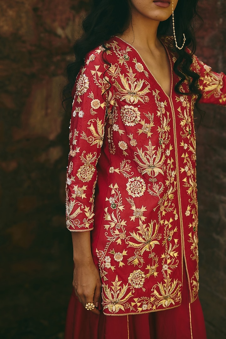 Red Silk Mardi Work Wedding Sharara Set by RASHIKA MITTAL at Pernia's Pop Up Shop